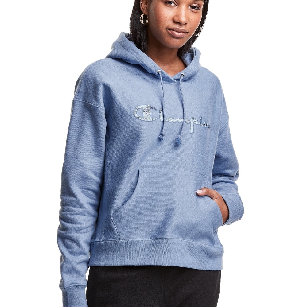 NWT Champion Reverse Weave Hoodie, Light Blue Vintage Logo Applique